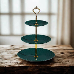 Alzata per dessert a coste a 3 piani - verde scuro