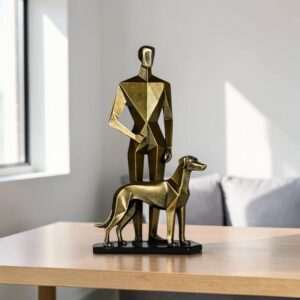 Statua dorata moderna - proprietario e cane